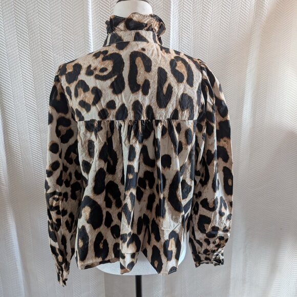 H&M Ruffle Leopard Print Blouse High Collar Oversized Crop Size Small - Picture 4 of 15